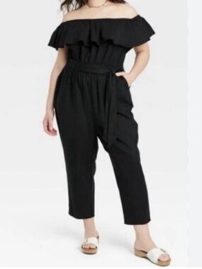 Ava & Viv | Black Linen Blend Off-Shoulder Ruffle Jumpsuit Size 1X